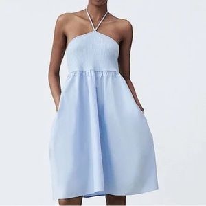 ZARA | NWT | halter dress, size small. Light blue, cinched pocket detail